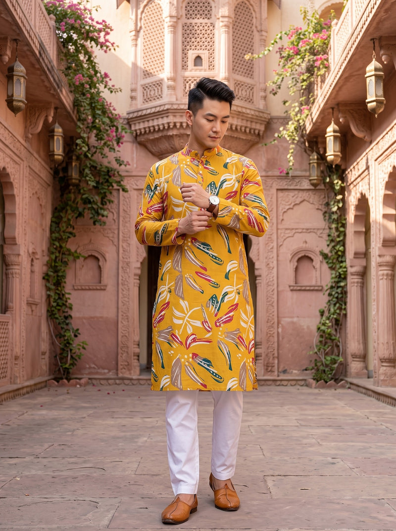 Men's Mustard Yellow Multicolor Botanical Print Festive Kurta 10