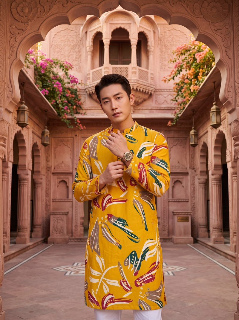 Men's Mustard Yellow Multicolor Botanical Print Festive Kurta 11