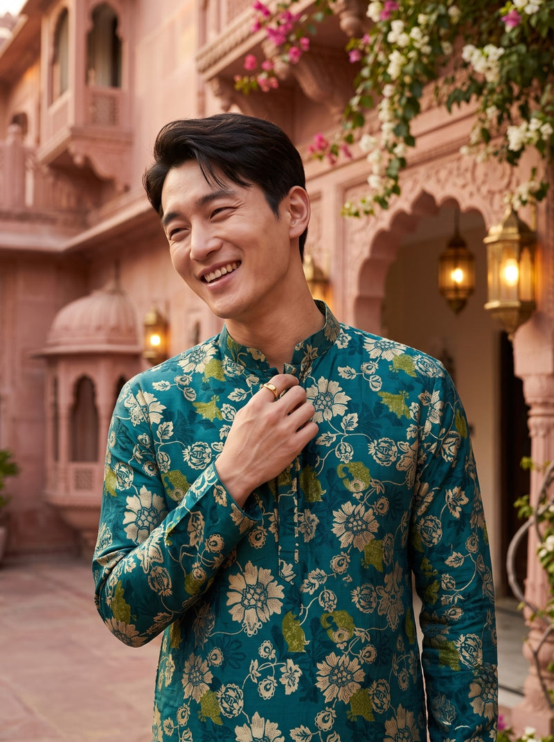 Men's Teal Green Floral Print Festive Kurta 2