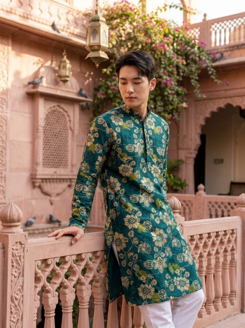 Men's Teal Green Floral Print Festive Kurta 8