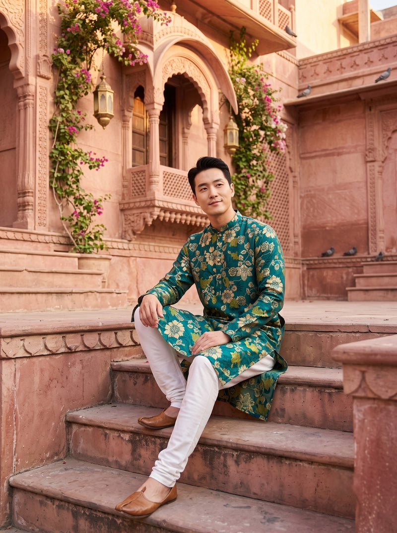 Men's Teal Green Floral Print Festive Kurta 9