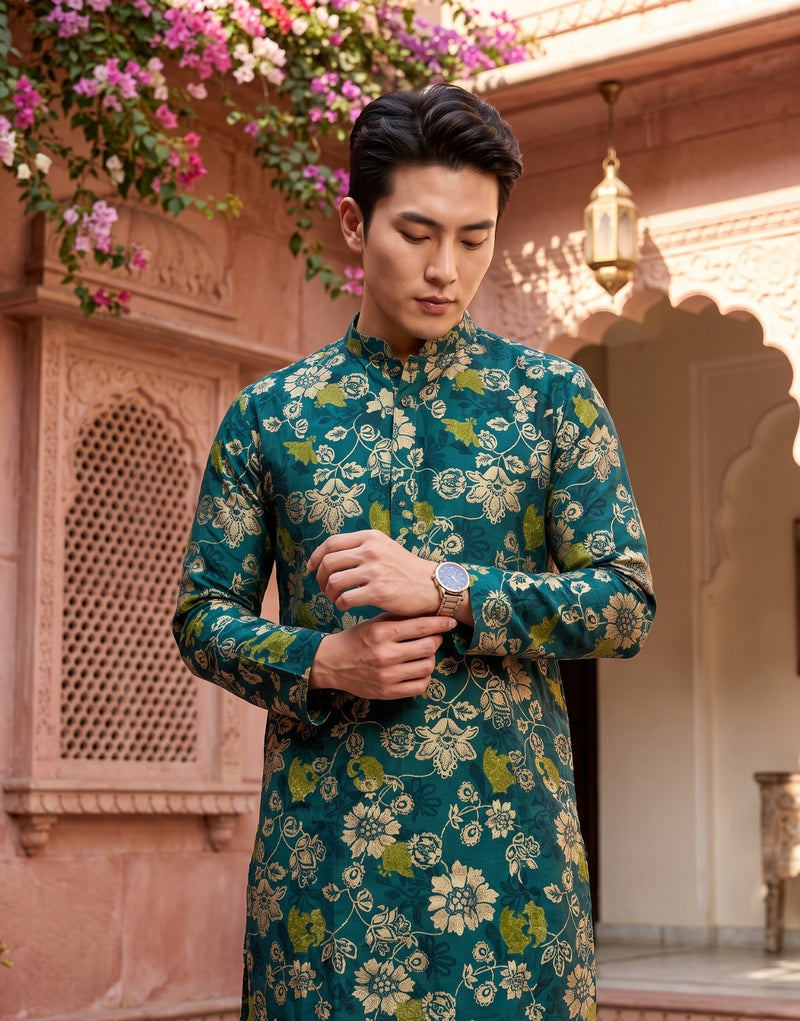 Men's Teal Green Floral Print Festive Kurta 11