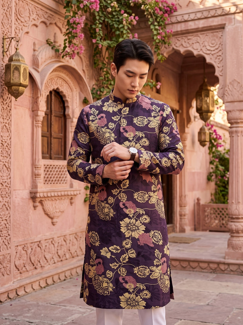 Men's Plum Purple Floral Festive Kurta 8