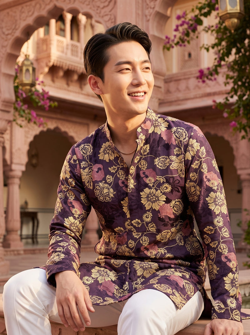 Men's Plum Purple Floral Festive Kurta 11
