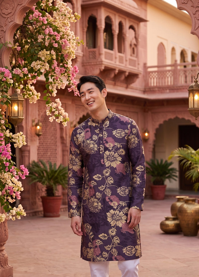 Men's Plum Purple Floral Festive Kurta 2