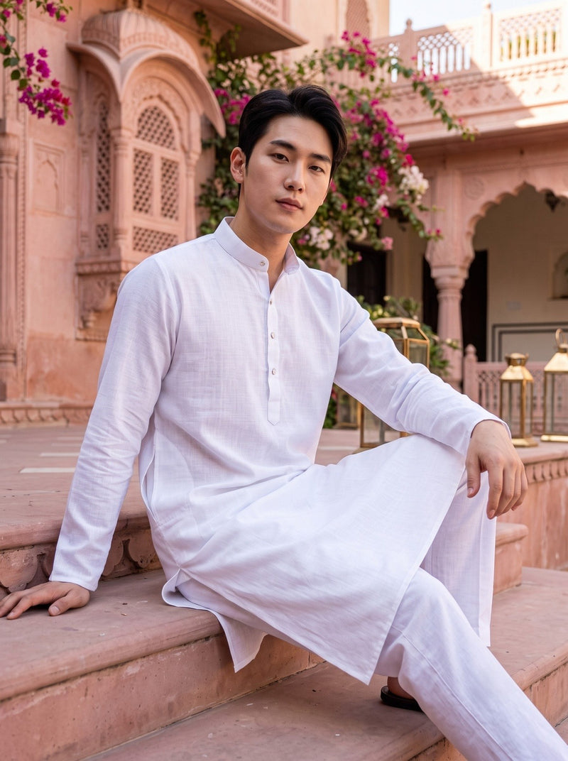 Men's White Magic Cloth Kurta Pyjama Set 8