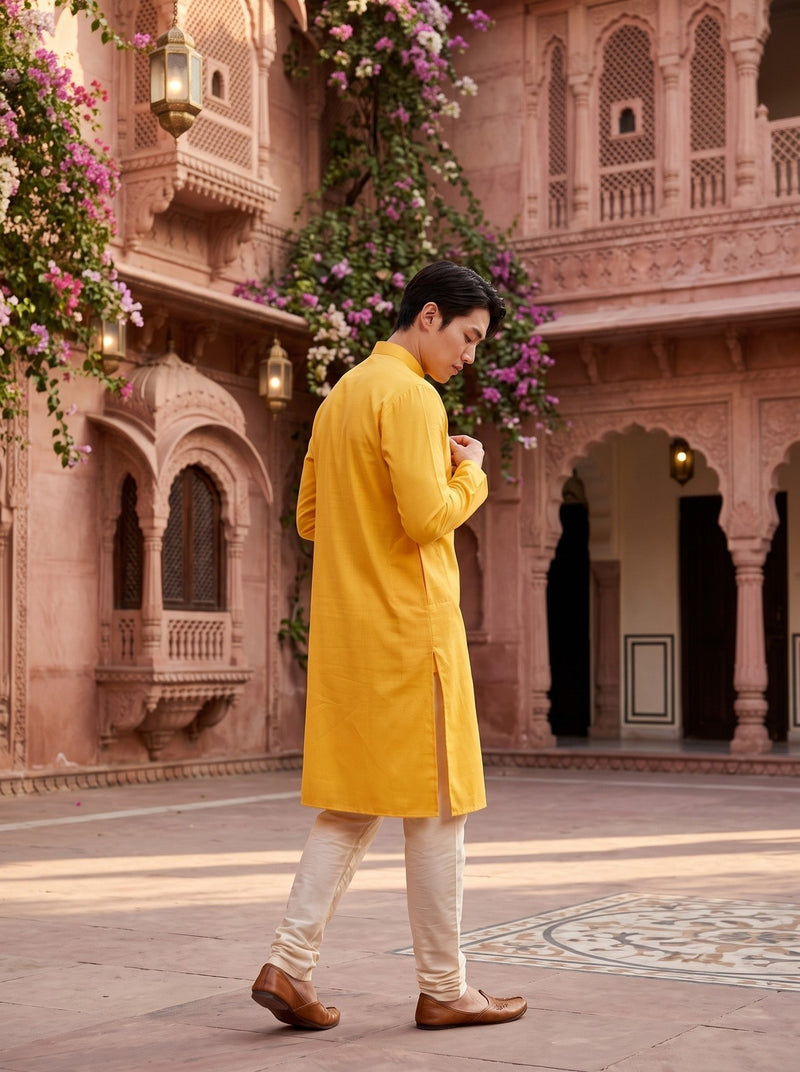 Men's Mustard Yellow Magic Cloth Kurta Pyjama Set 10