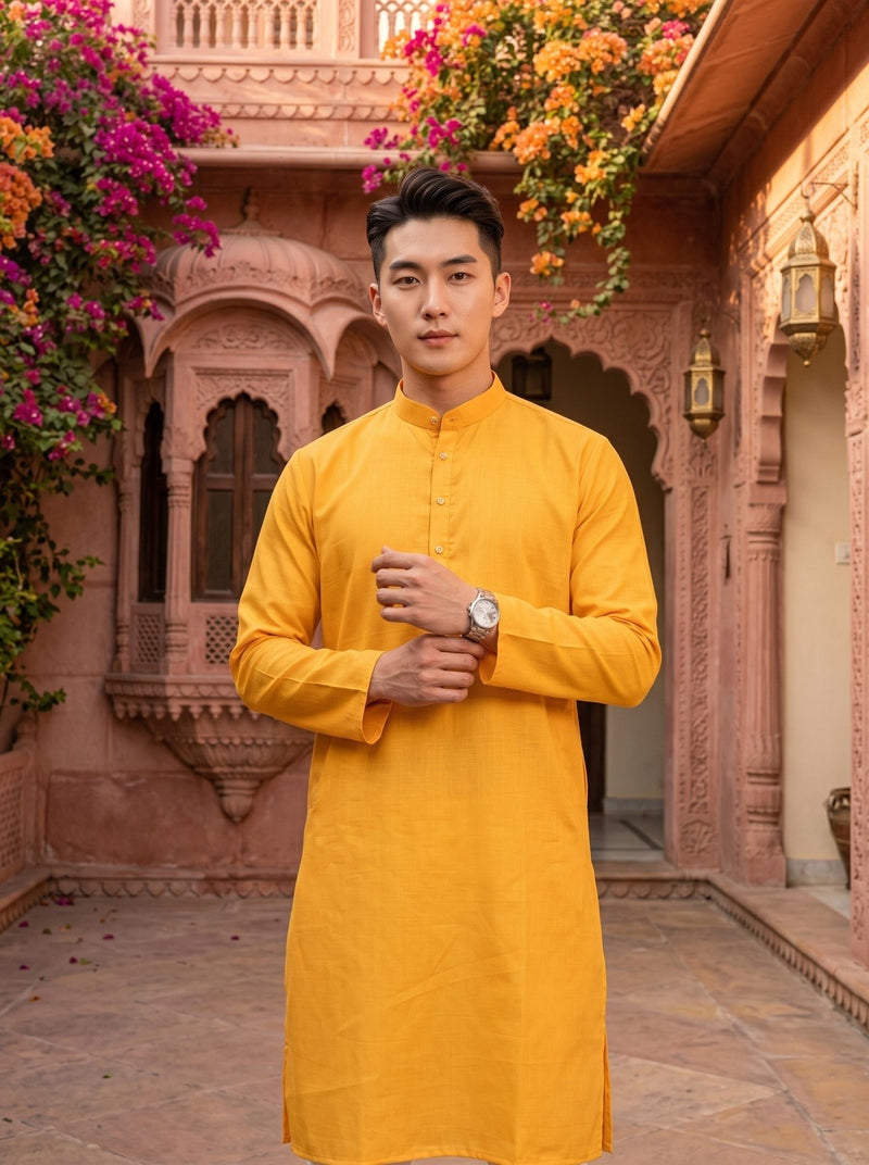 Men's Mustard Yellow Magic Cloth Kurta Pyjama Set 11