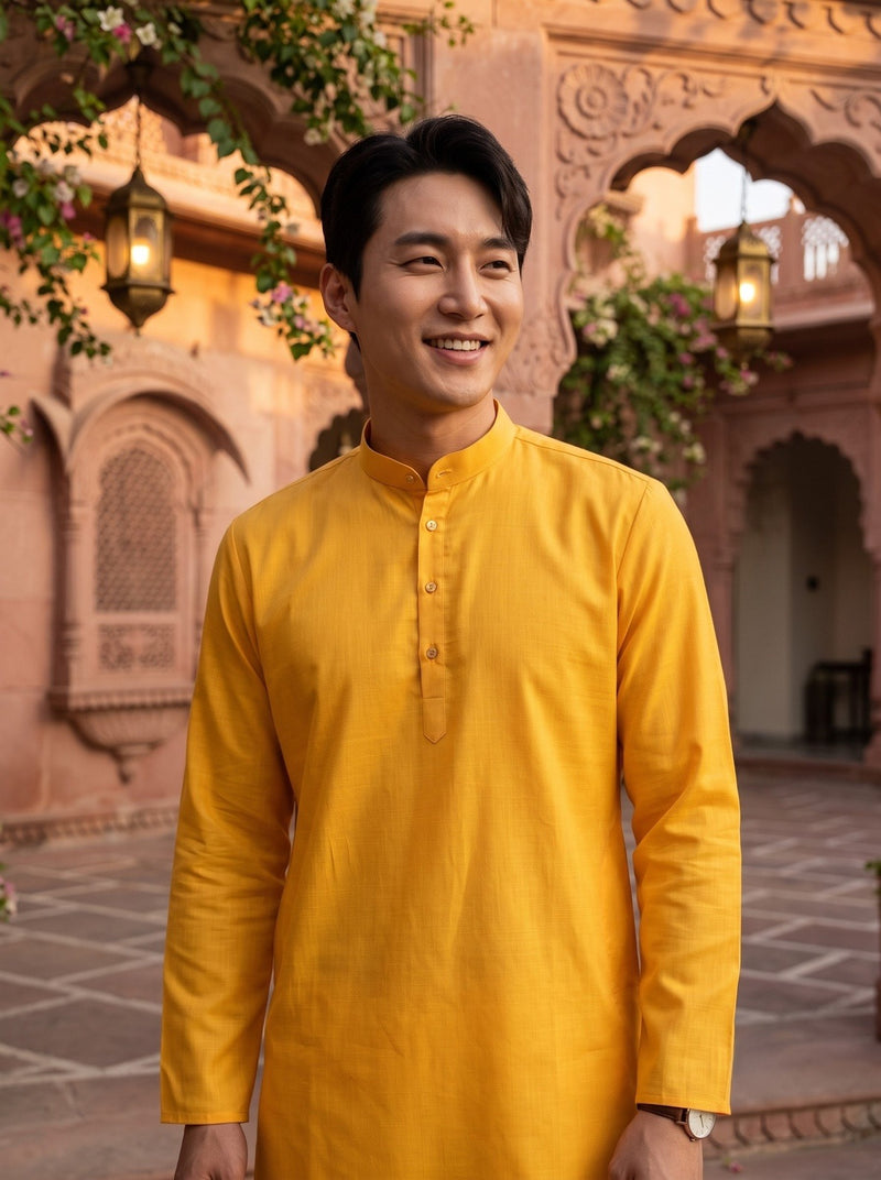 Men's Mustard Yellow Magic Cloth Kurta Pyjama Set 3
