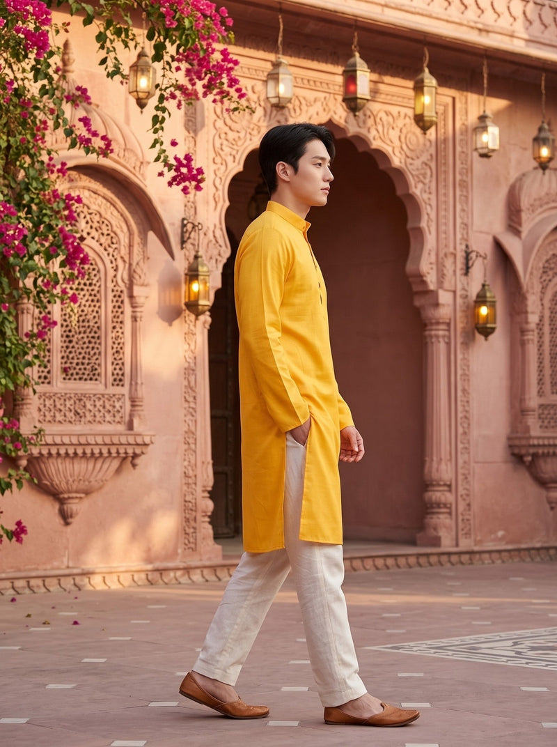Men's Mustard Yellow Magic Cloth Kurta Pyjama Set 6