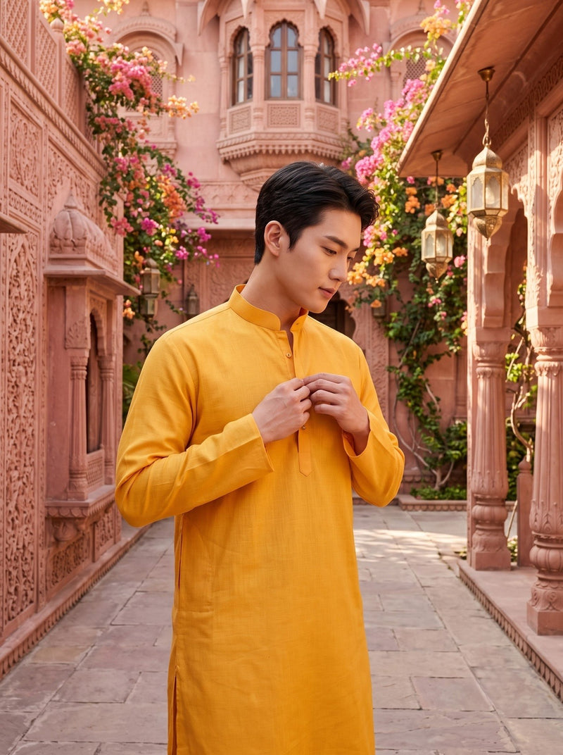 Men's Mustard Yellow Magic Cloth Kurta Pyjama Set 7