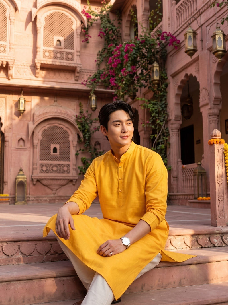 Men's Mustard Yellow Magic Cloth Kurta Pyjama Set 8