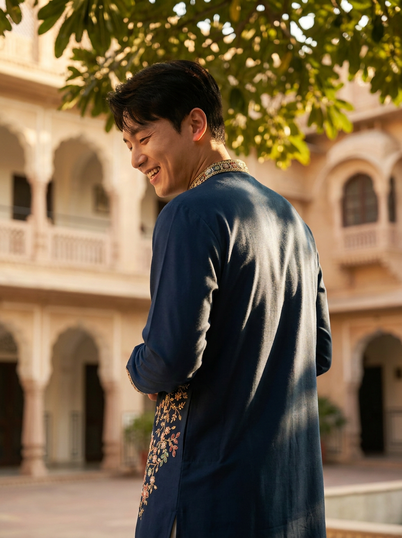 Blue Embroidered Kurta for Men 7