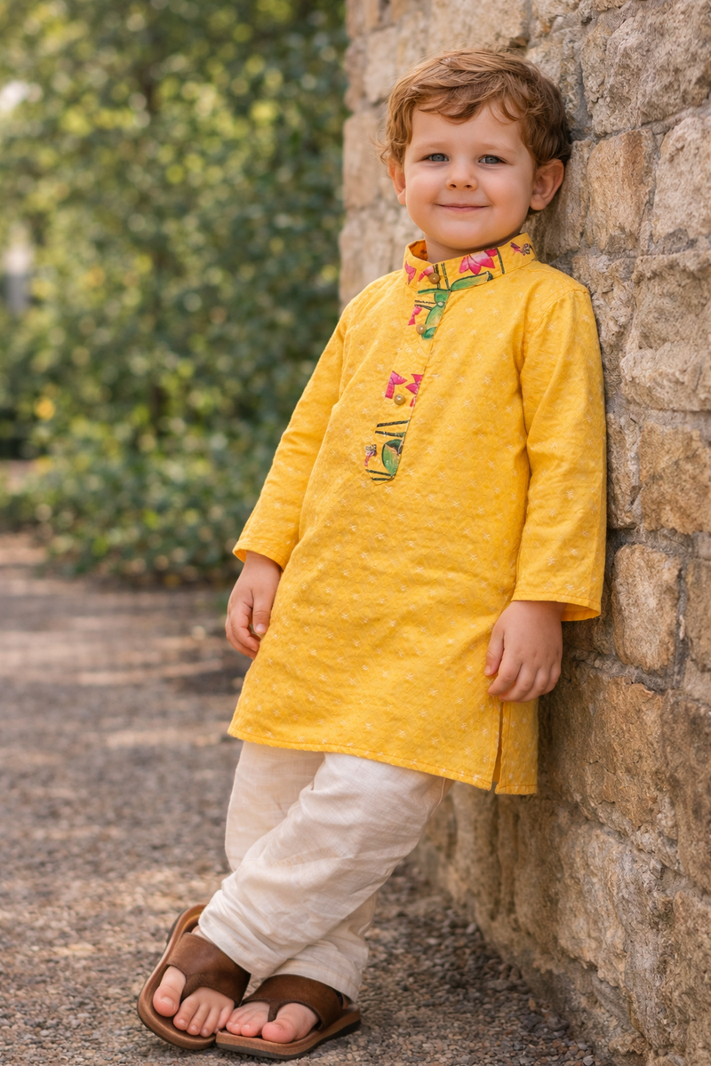 TryBuy Boys Yellow Embroidered Printed Kurta Pajama Set - Size 20 (3-4 Years) | TB_605_KID 8