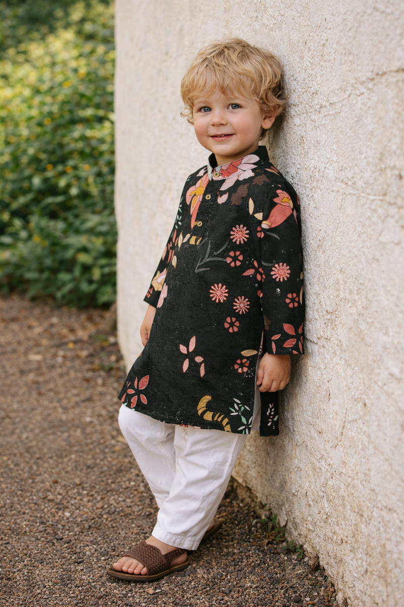 TryBuy Boys Black Floral Embroidered Printed Kurta Pajama Set - Size 20 (3-4 Years) | TB_610_KID 5