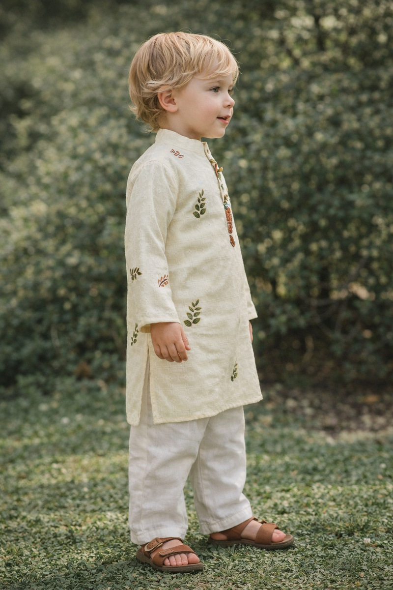 TryBuy Boys Ivory Leaf Embroidered Printed Kurta Pajama Set - Size 20 (3-4 Years) | TB_623_KID 3