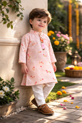 TryBuy Boys Peach Floral Embroidered Printed Kurta Pajama Set - Size 20 (3-4 Years) | TB_624_KID
