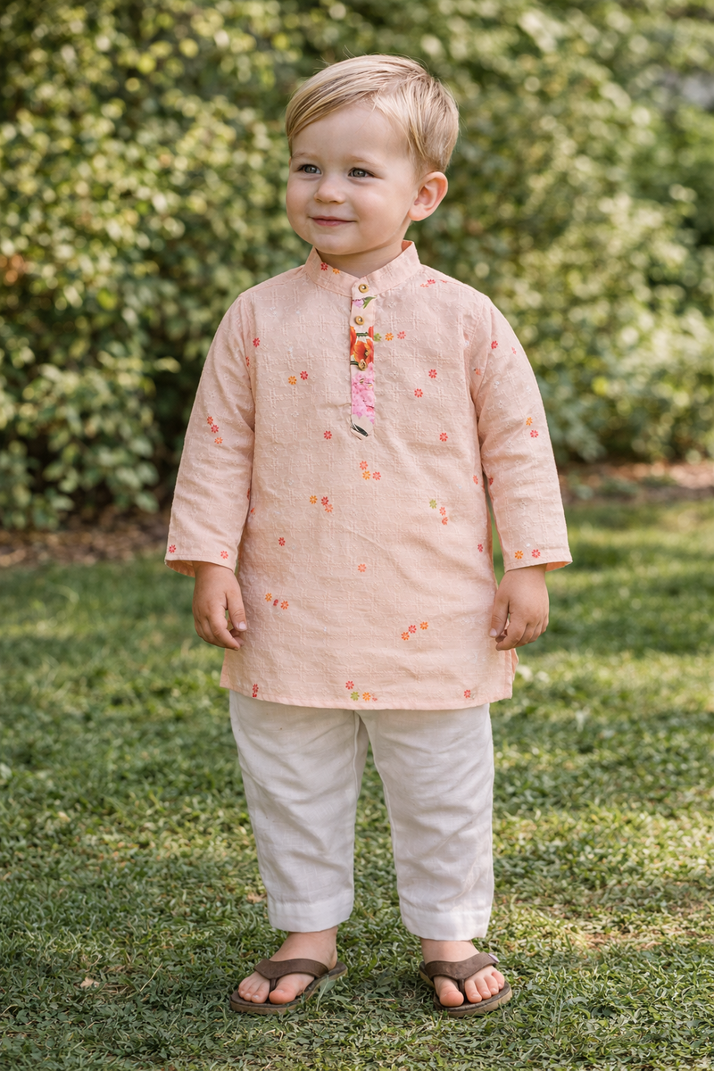 TryBuy Boys Peach Floral Embroidered Printed Kurta Pajama Set - Size 20 (3-4 Years) | TB_624_KID 8