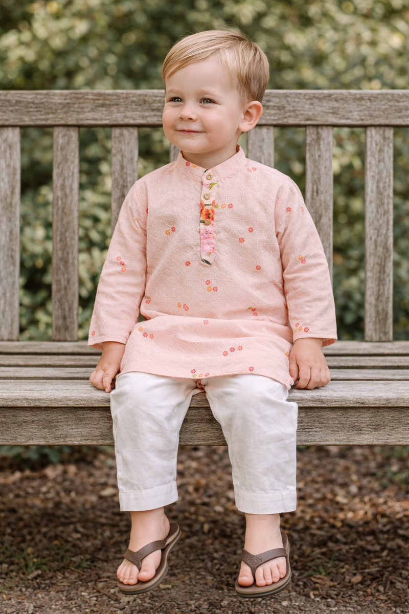 TryBuy Boys Peach Floral Embroidered Printed Kurta Pajama Set - Size 20 (3-4 Years) | TB_624_KID 4