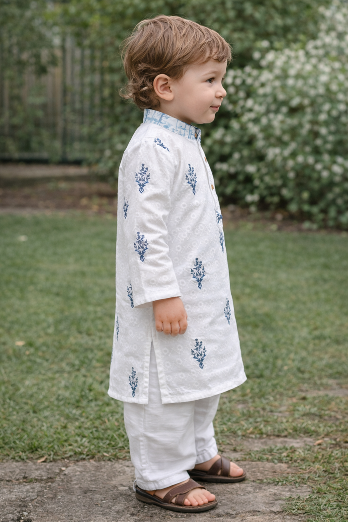 TryBuy Boys White Blue Embroidered Printed Kurta Pajama Set - Size 20 (3-4 Years) | TB_805_KID 2