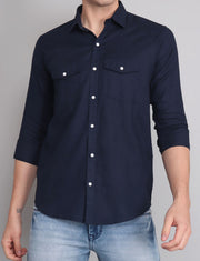 NAVY DOUBLE POCKET LINEN SHIRT