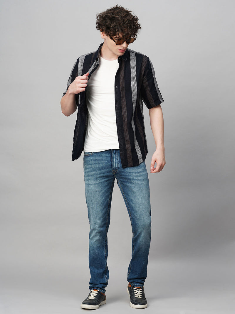 Cultured Crochet Striped Half Sleeves Men's Shirt 3
