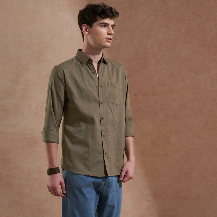 Men Olive Brown Solid Spread Collar Slim Fit Casual Shirt 2