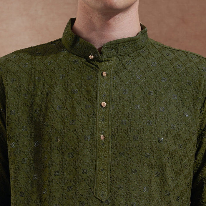 Men’s Olive Green Tonal Embroidered Kurta 2
