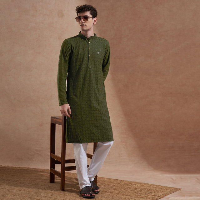Men Olive Green Embroidered Kurta | Mandarin Collar | Straight Fit — TryBuy®