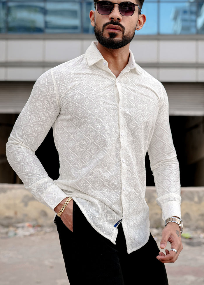 VOZIA Thrive Cream Chikankari Men's Shirt 2