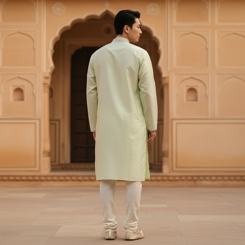 Men's Pistachio Green Embroidered Art Silk Kurta 10