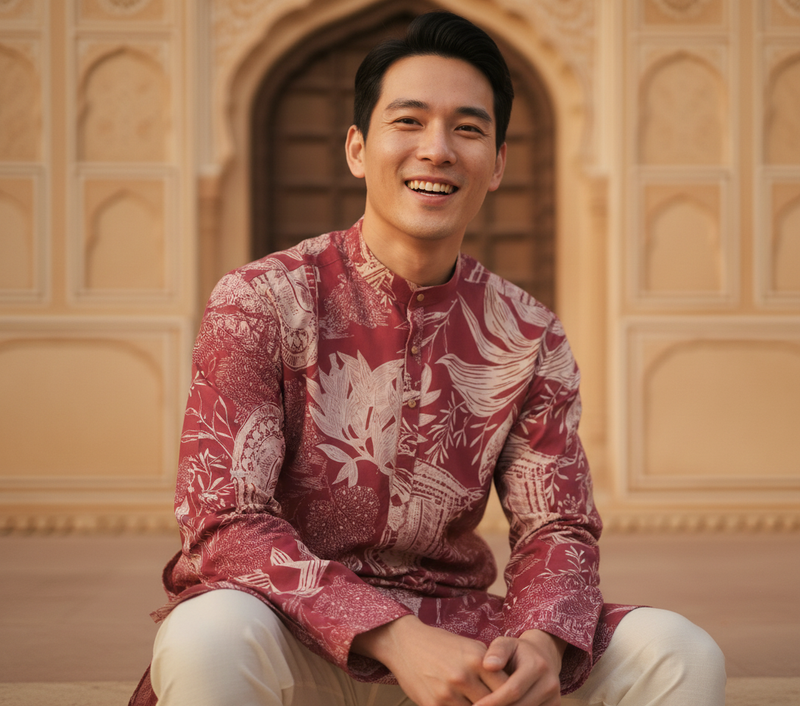Men's Maroon Floral & Architectural Print Art Silk Blend Kurta 4