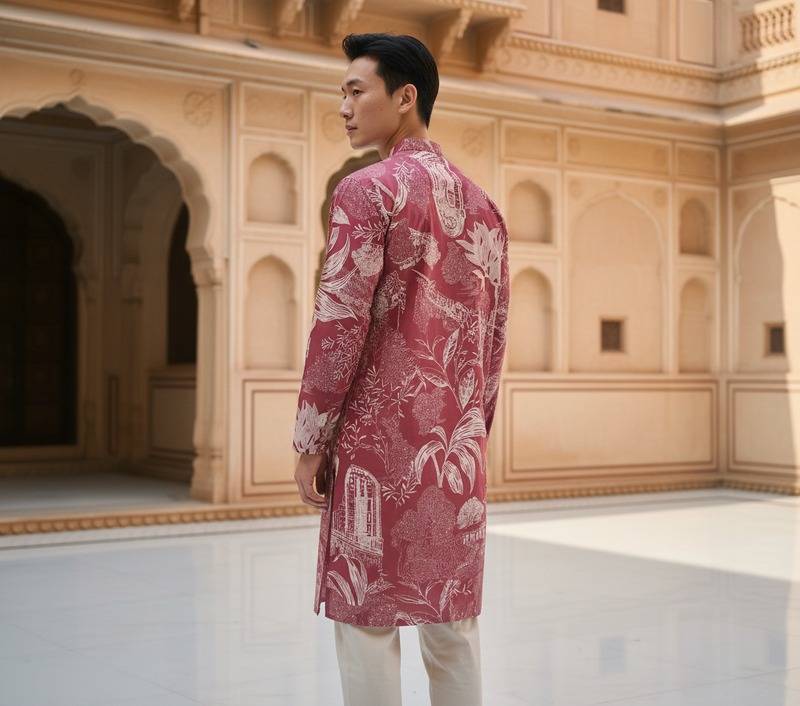 Men's Maroon Floral & Architectural Print Art Silk Blend Kurta 10