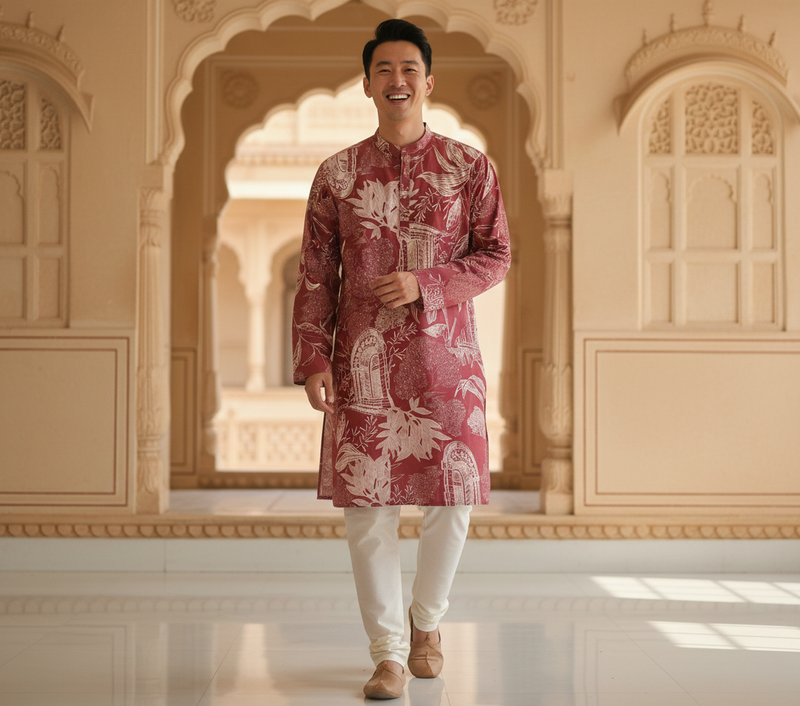 Men's Maroon Floral & Architectural Print Art Silk Blend Kurta 3