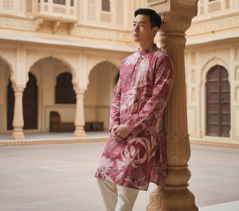 Men's Maroon Floral & Architectural Print Art Silk Blend Kurta 5