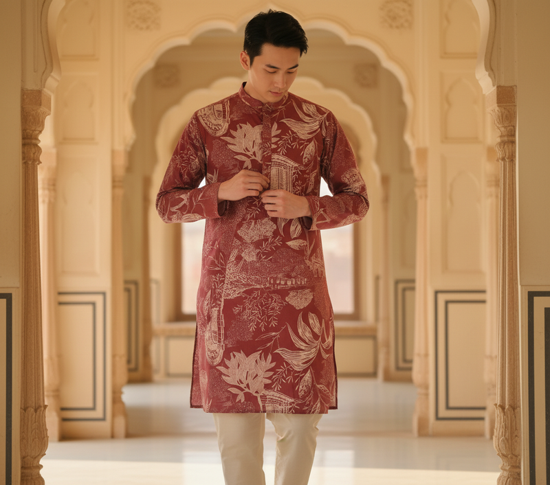 Men's Maroon Floral & Architectural Print Art Silk Blend Kurta 2