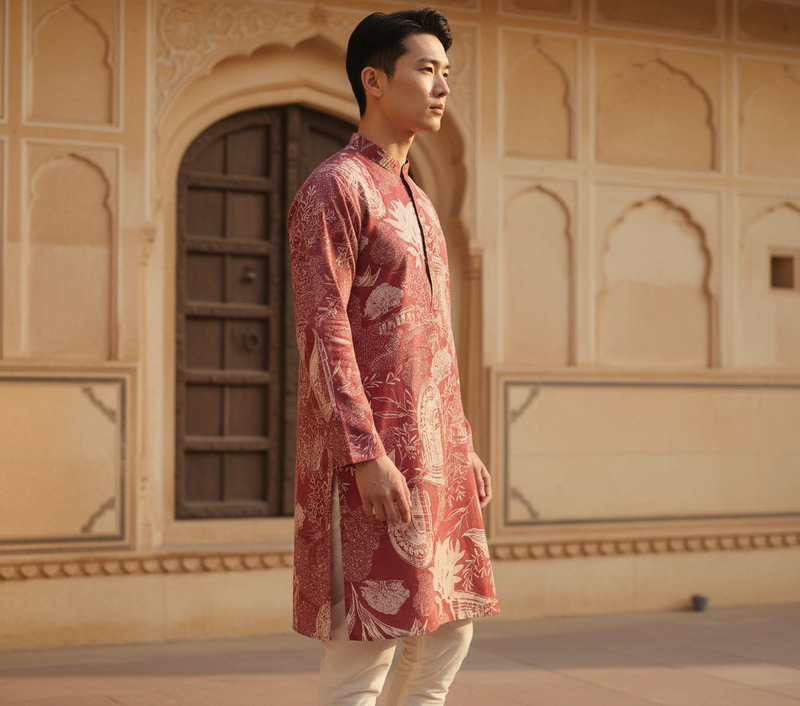 Men's Maroon Floral & Architectural Print Art Silk Blend Kurta 6