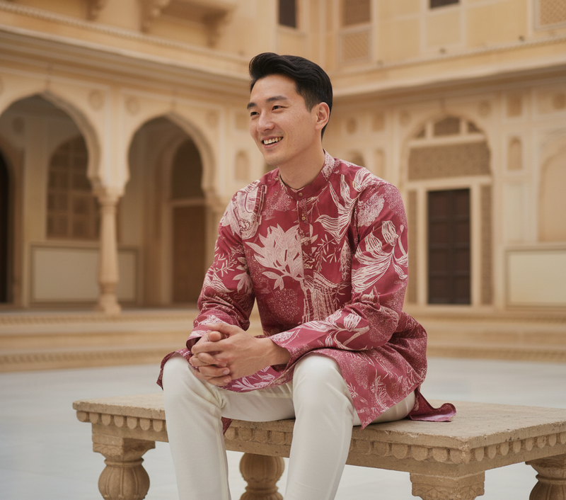 Men's Maroon Floral & Architectural Print Art Silk Blend Kurta 7