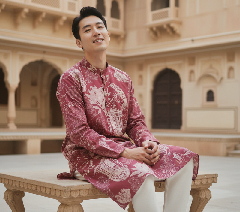 Men's Maroon Floral & Architectural Print Art Silk Blend Kurta 8