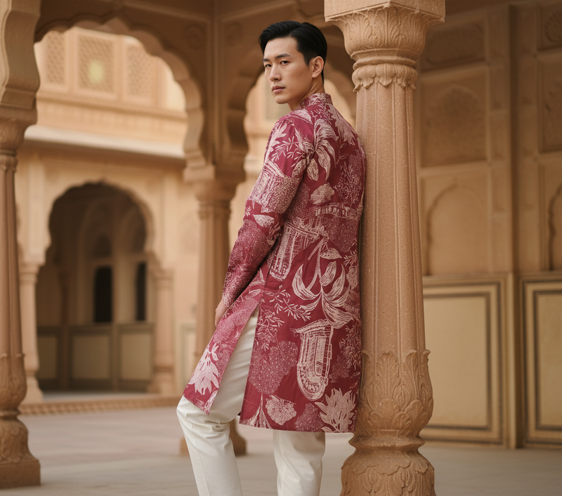 Men's Maroon Floral & Architectural Print Art Silk Blend Kurta 9