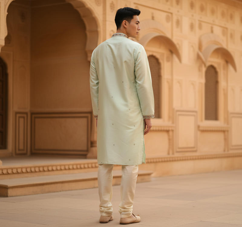 Men's Mint Green Art Silk Embroidered Festive Kurta 10