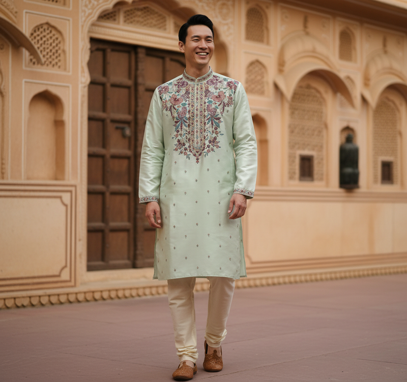 Men's Mint Green Art Silk Embroidered Festive Kurta 1