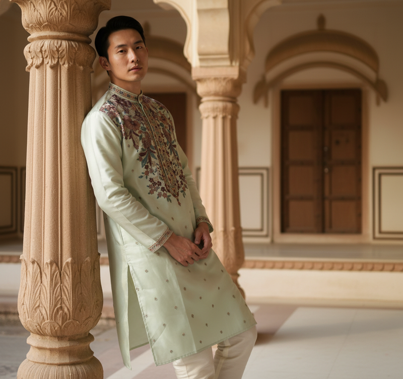 Men's Mint Green Art Silk Embroidered Festive Kurta 3