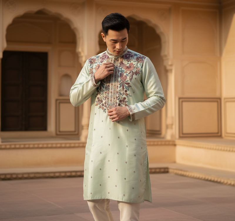 Men's Mint Green Art Silk Embroidered Festive Kurta 4