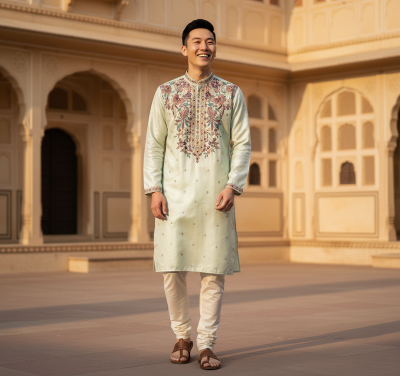 Men's Mint Green Art Silk Embroidered Festive Kurta 6