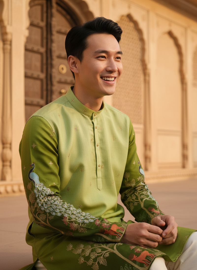Men's Art Silk Ombre Green Tree of Life Embroidered Kurta 2