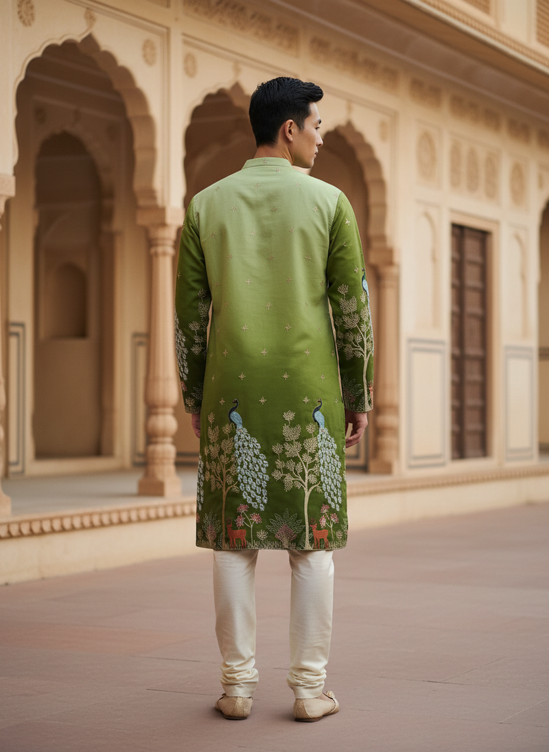 Men's Art Silk Ombre Green Tree of Life Embroidered Kurta 10