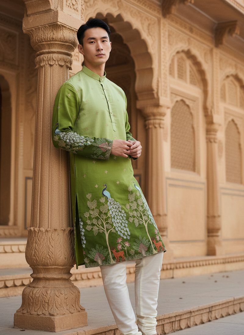 Men's Art Silk Ombre Green Tree of Life Embroidered Kurta 3