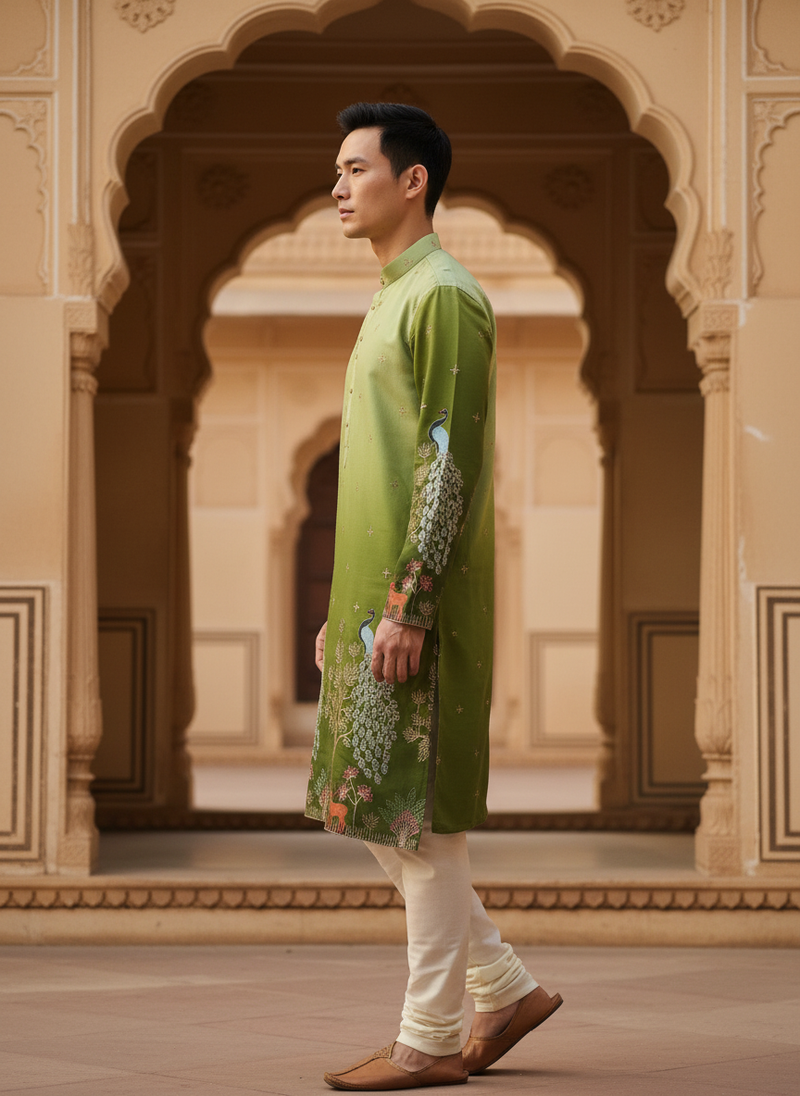Men's Art Silk Ombre Green Tree of Life Embroidered Kurta 5