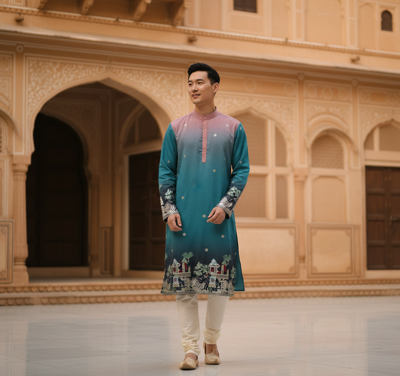 Men's Ombre Teal-Pink Kurta with Intricate Folk Art Embroidery 6